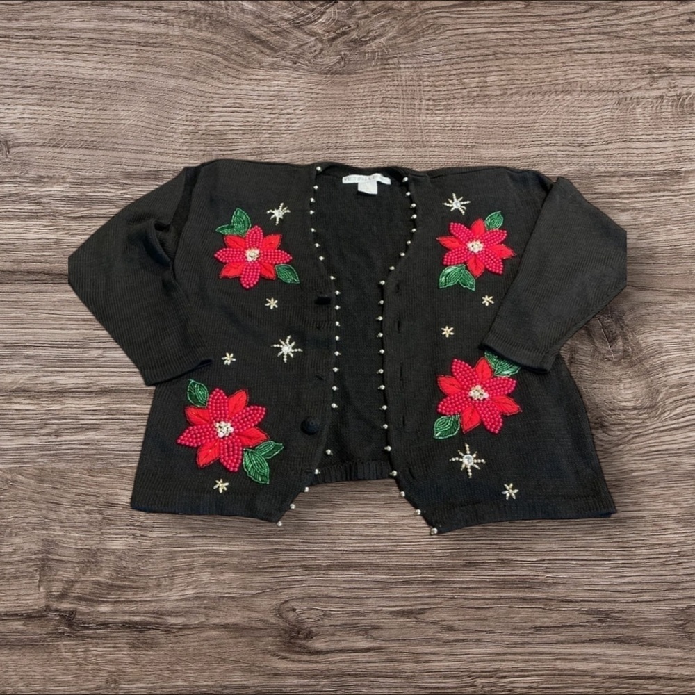 Victoria Jones Women’s Beaded Embroidered Christmas Sweater Cardigan Size Large